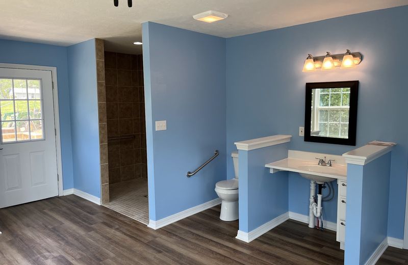 A remodelled bathroom with new vanity and lighting