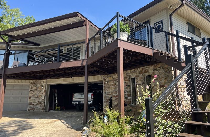 A newly built wood deck attached to a house